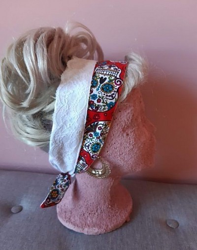 Sugar skull, lace extra wide headscarf $25