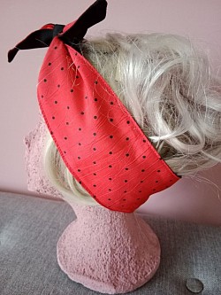 Red black polka dot, wide headscarf $15
