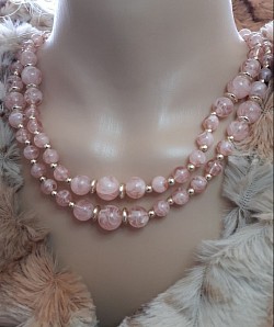 Pale pink and white marbled vintage beaded necklace screw enclosure $15