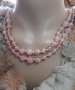 Pale pink and white marbled vintage beaded necklace screw enclosure $100