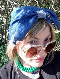 Distressed denim full head scarf. Set of 3 beaded stretch necklace