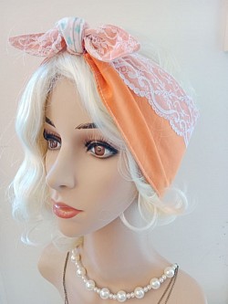 Blue clovers, orange and lace, extra wide Rockabilly headscarf $25