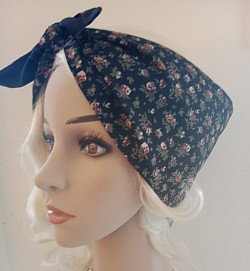 Black small flower print, extra wide Rockabilly headscarf $20