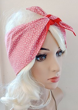Red and small white leaves extra wide Rockabilly Headscarf $20