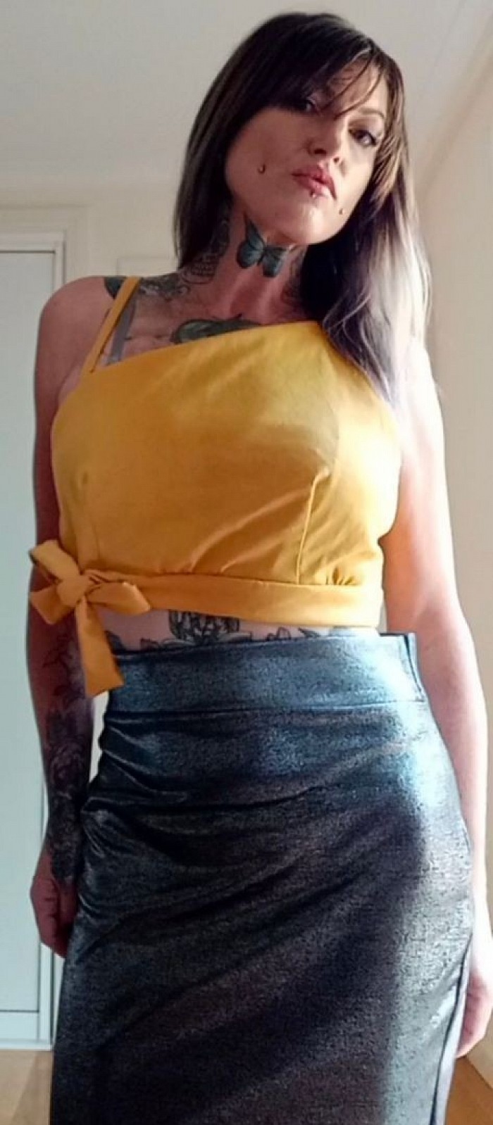 Yellow 💛 crop top with one pearl beaded shoulder strap and bow at hem $20 size M