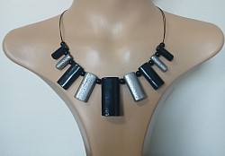 Retro Black and Silver rectangular beaded Statement necklace Black wire double thread and Closure. $155