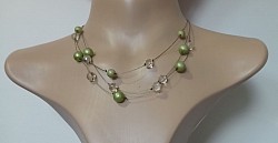 'Sissi' Light pink and green spaced out beads on silver metal thread necklace $22