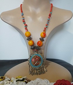 Vintage Flower in circle turquoise and orange marbled enamel yellow beaded long boho necklace $177