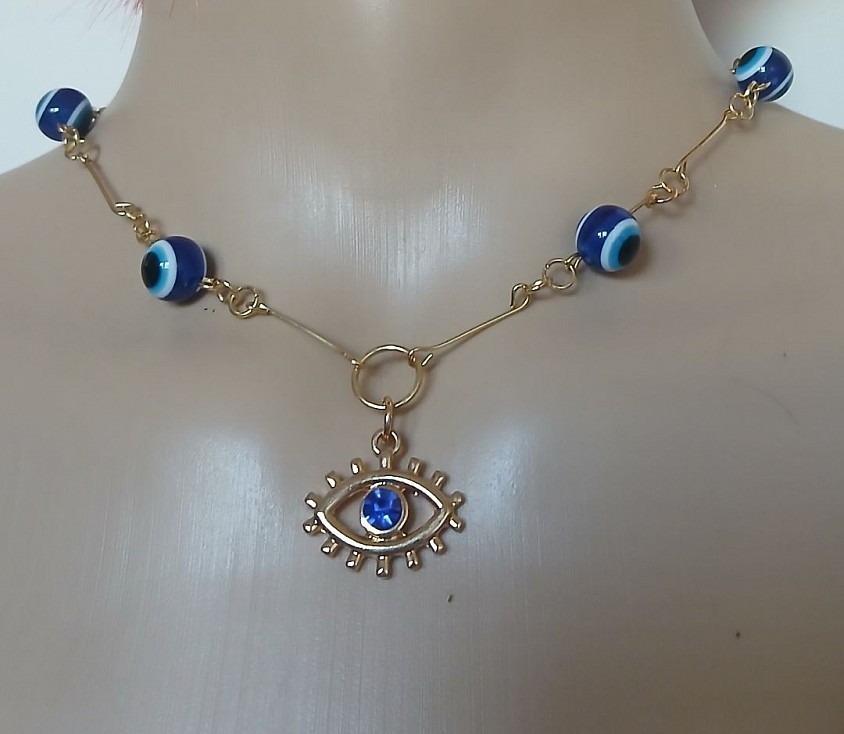 Gold col, 6 glass bead evil eye protecion with eye of horus necklace