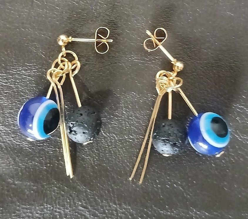 Gold col, evil eye protection stud earings with volcanic rocks